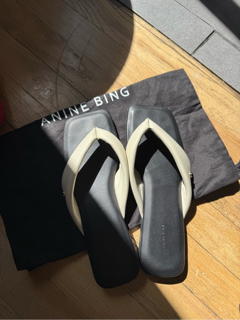 Anine Bing Black Footbed Cream Leather Thong Sandals